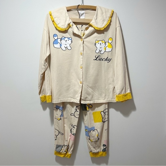 Gelato Pique Lucky Cat Ruffled Pajama Set Size XS Small Shirt and Pants Rare